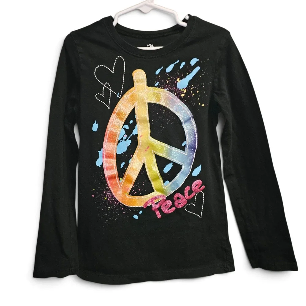 The Childrens Place Peace Sign Shirt Girls 7/8 Black Excellent Rainbow Glitter